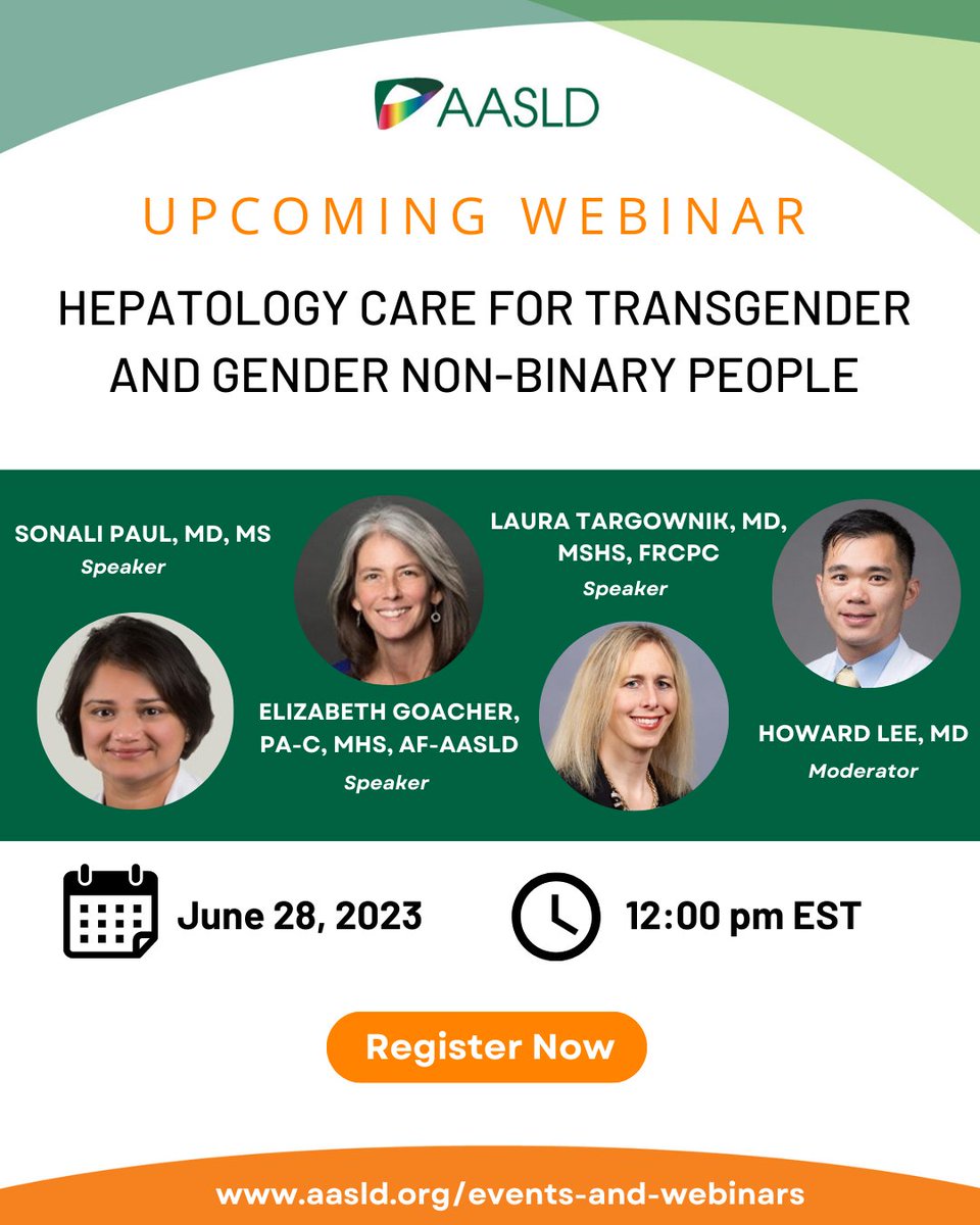 AASLD (@aasldtweets) on Twitter photo Join us tomorrow for an insightful webinar: "Hepatology Care for Transgender and Gender Non-Binary People." Register now at bit.ly/3N4WaTQ. #LiverTwitter #PRIDE <a href="/HowardTLeeMD/">Howard T. Lee MD FAST</a> @spaulliver <a href="/GoachPA_DukeGI/">Elizabeth King Goacher, PA-C, AF-AASLD (she/her)</a> @laura_targownik Join us tomorrow for an insightful webinar: "Hepatology Care for Transgender and Gender Non-Binary People." Register now at bit.ly/3N4WaTQ. #LiverTwitter #PRIDE <a href="/HowardTLeeMD/">Howard T. Lee MD FAST</a> @spaulliver <a href="/GoachPA_DukeGI/">Elizabeth King Goacher, PA-C, AF-AASLD (she/her)</a> @laura_targownik