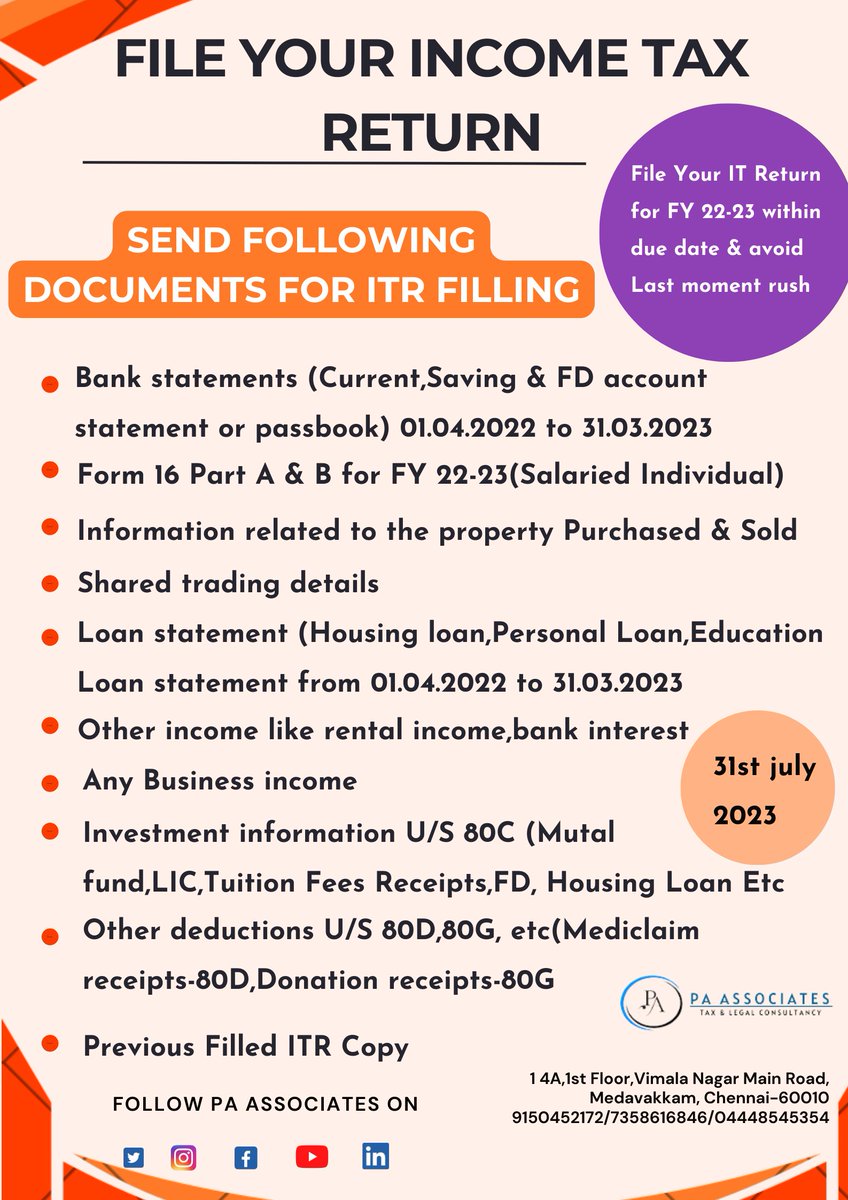 Document for ITR Filling 

#itr #incometax #taxfiling #documents #duedate