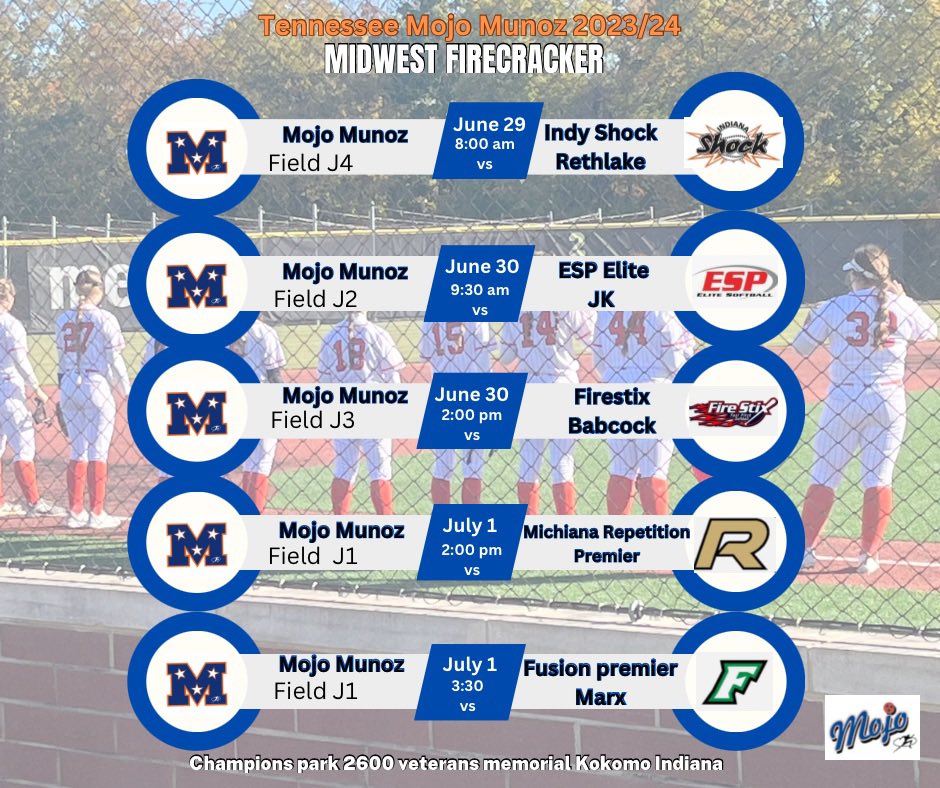 MojoMunoz18u's tweet photo. Softball and fireworks, it doesn’t get much better than that! 

🎇Field location: Championship park
2600 veterans memorial dr. Kokomo Indiana 46901🎇

💥First game: 8:00am Thursday June 29th💥 https://t.co/b3XQWyfB22