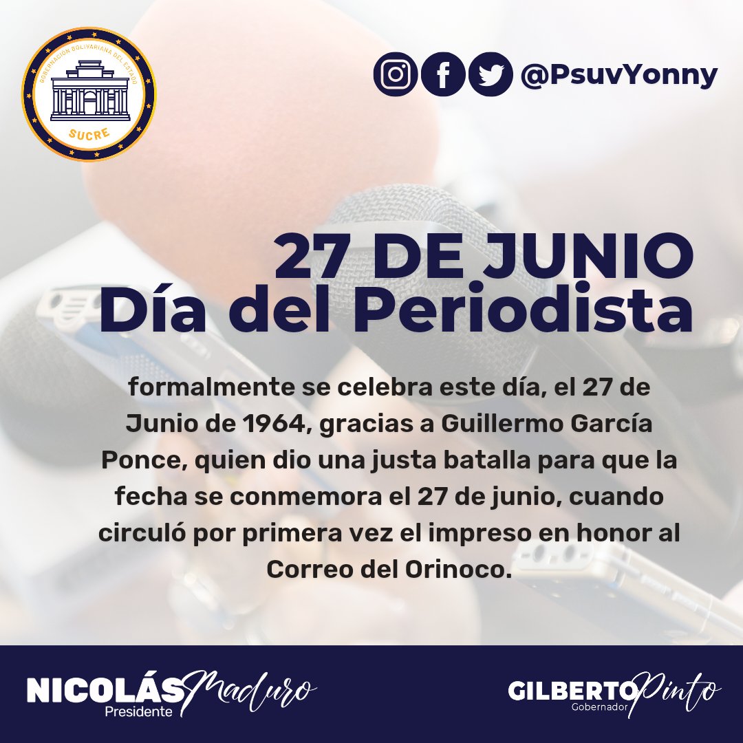 Con profundo amor patrio, celebramos a los periodistas del estado Sucre y toda Venezuela, cada uno tiene una forma de hacer el periodismo con elocuencia, a todos mi abrazo solidario en este día.

¡Feliz día del Periodista!
@GPintoVzla