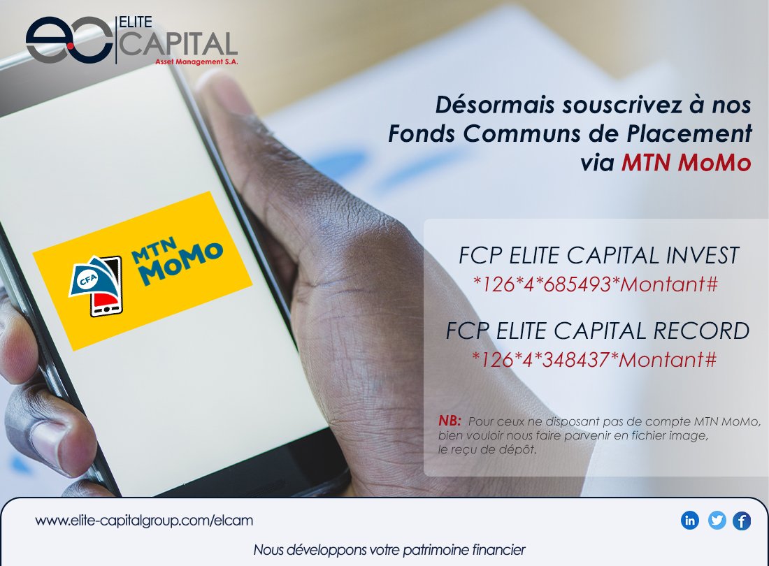 elcap_grp's tweet photo. Pour vous, nous améliorons chaque jour la qualité de service. Désormais, vous pouvez souscrire à nos fonds Communs de Placement via #MTN_Mobile_Money.

#FCP #ELCAM #MTN_MoMo #AssetManagement https://t.co/cQC40owC9W