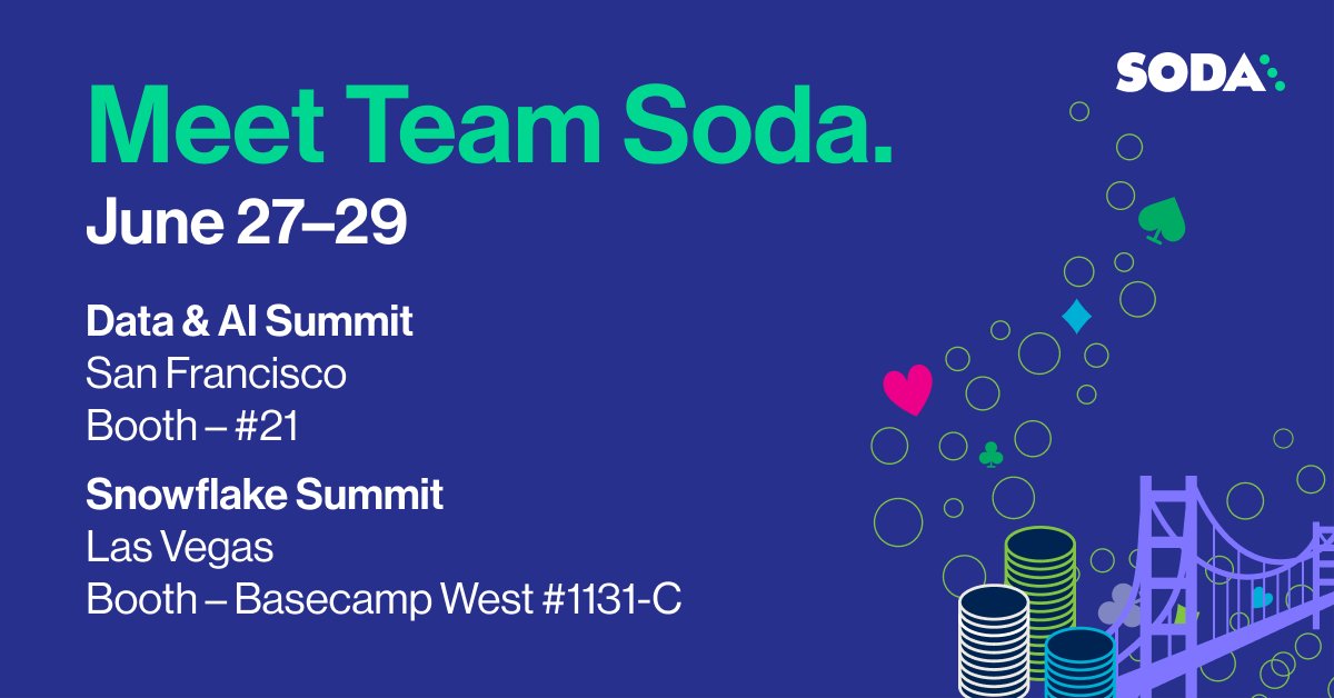 Soda (@sodadata) on Twitter photo Team Soda is excited to attend <a href="/SnowflakeDB/">SnowflakeDB</a> Summit & <a href="/databricks/">Databricks</a>' Data & AI Summit. Visit our booth for our signature Soda cheer and exciting product announcement. Find us at booth #1131-C in Basecamp West at Snowflake and booth #21 at Data & AI. #snowflakesummit #DataAISummit Team Soda is excited to attend <a href="/SnowflakeDB/">SnowflakeDB</a> Summit & <a href="/databricks/">Databricks</a>' Data & AI Summit. Visit our booth for our signature Soda cheer and exciting product announcement. Find us at booth #1131-C in Basecamp West at Snowflake and booth #21 at Data & AI. #snowflakesummit #DataAISummit