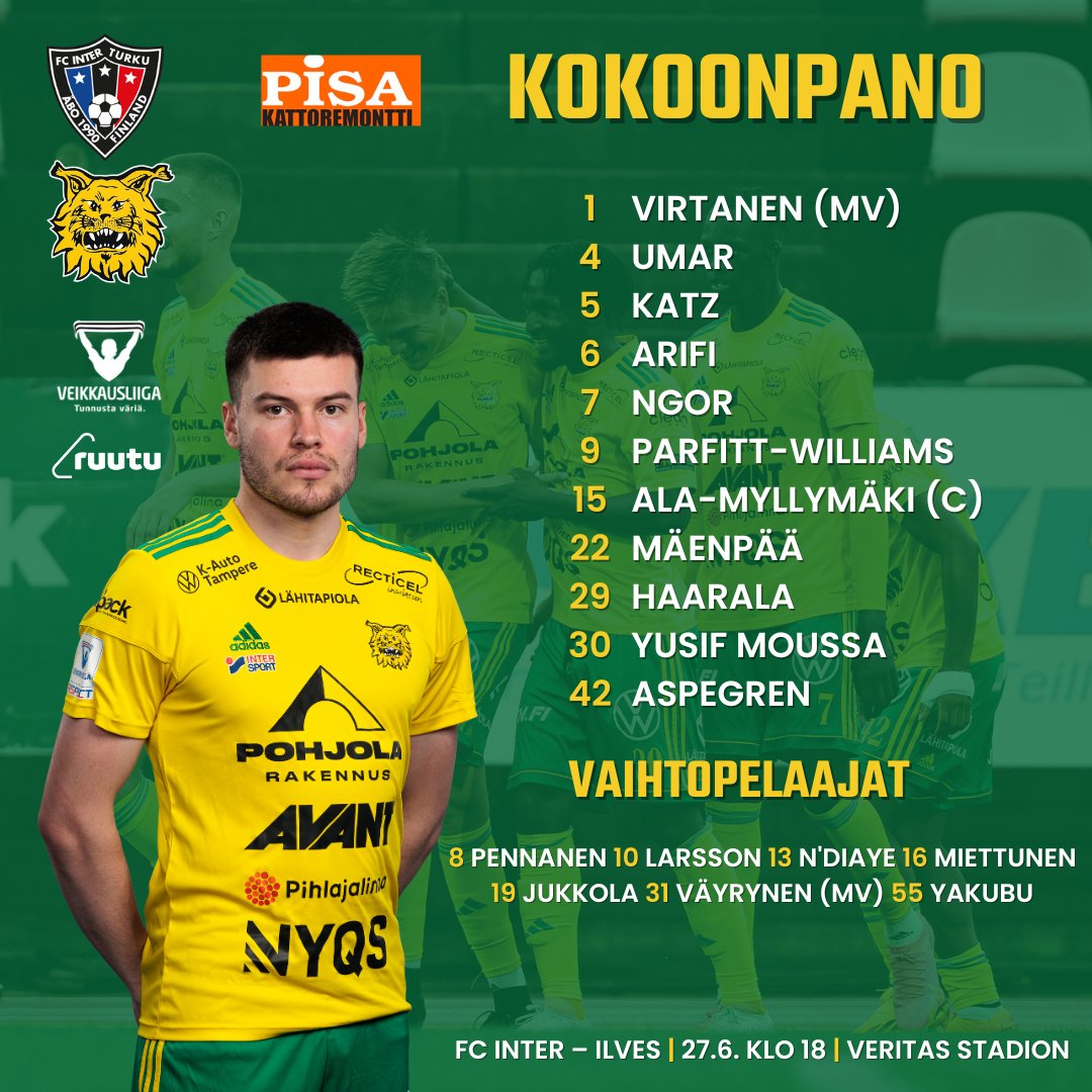 ilvesfootball's tweet photo. 💛ILVES TÄNÄÄN💚

Tänään Turussa tällä kokoonpanolla!
🏠https://t.co/sg4waIyQlW

📺https://t.co/O4jJqkE8pL

#Ilves #Veikkausliiga #keltavihreä https://t.co/Rve1DFBdoU