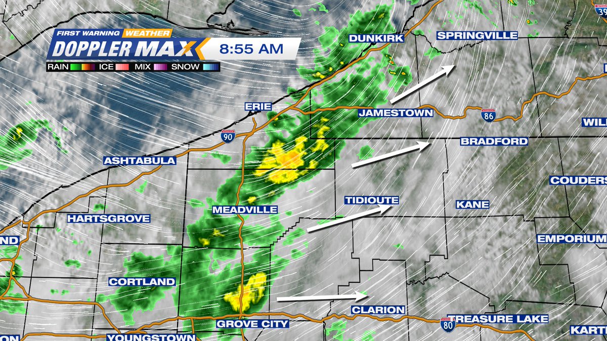 ErieNewsNow's tweet image. A band of heavier showers associated with a deep trough will continue to push inland these next few hours. A wind switch behind the trough will keep temperatures cool for the rest of the day, with a few more showers lingering on. @AJ_Mast_WX #PAWX #RadarUpdate #Rain