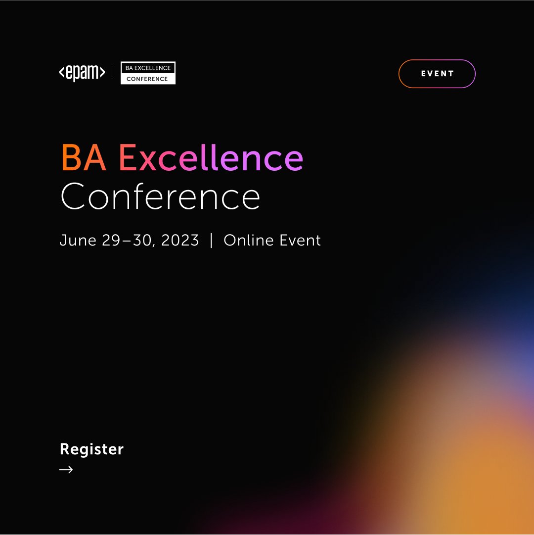 EPAMSystems's tweet photo. 📢 Join us June 29-30 at the BA Excellence Conference 2023 to learn how business analysts can benefit from AI.  
 
Register here: https://t.co/cFGypTISvN 

#BAExcellenceConference #AI #chatGPT #BAConference https://t.co/dIOQKRHWG7