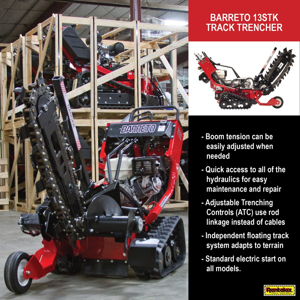 Rentalex's tweet image. The #Barreto #13STK Track #Trencher with its compact size and weight of 1,085 lbs, this powerhouse is packed with the same key features as our larger track trenchers. Call #Rentalex at (813)971-9990 to rent the Barreto 13STK Trencher.