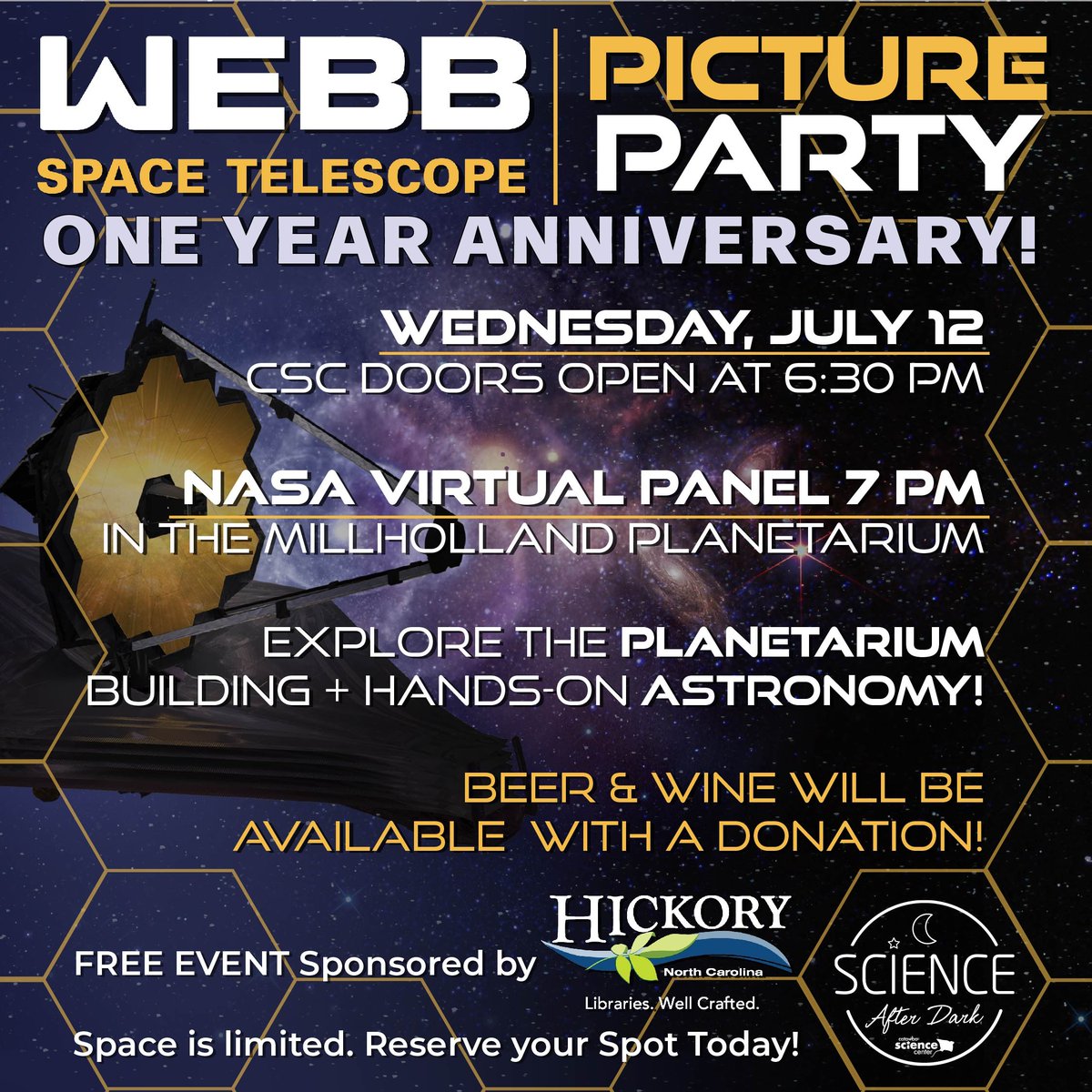#JWST's photo release anniversary is here, and we want to celebrate with you! Join us for this FREE event thanks to the Hickory Public Library on July 12th at 6:30pm in the Millholland Planetarium. Register to reserve your spot today! Learn more at CatawbaScience.org/science-after-… #STEM
