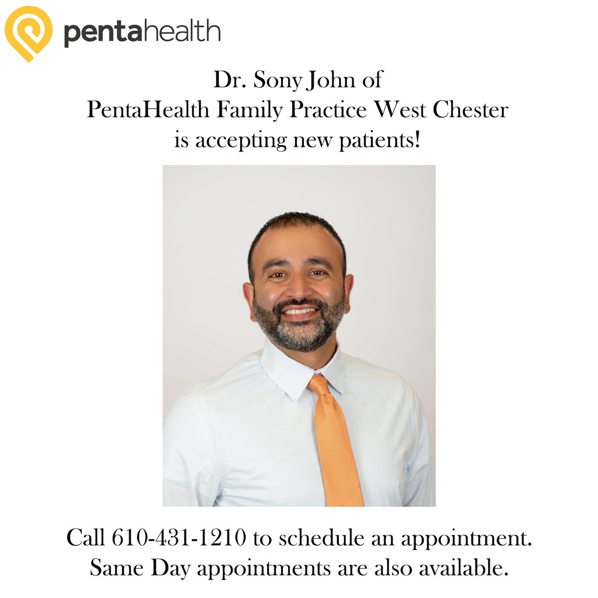 phdocs's tweet photo. PentaHealth Family Practice West Chester has a new provider accepting new patients. Call 610-431-1210 today to schedule an appointment with Dr. Sony John! Walk-In Appointments are also Monday through Thursday from 4:30pm – 6:30pm, please call for additional details.

#pentahealth https://t.co/2zcroR8F4R