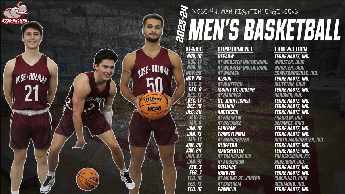 rhitsports's tweet photo. MEN'S BASKETBALL: Our final early schedule release is for men's basketball. The Fightin' Engineers open the season on Friday, November 10, hosting the DePauw Tigers. #GoRose

The full release can be seen here: https://t.co/GF0G2u7iz6 https://t.co/T0XE87O3yV