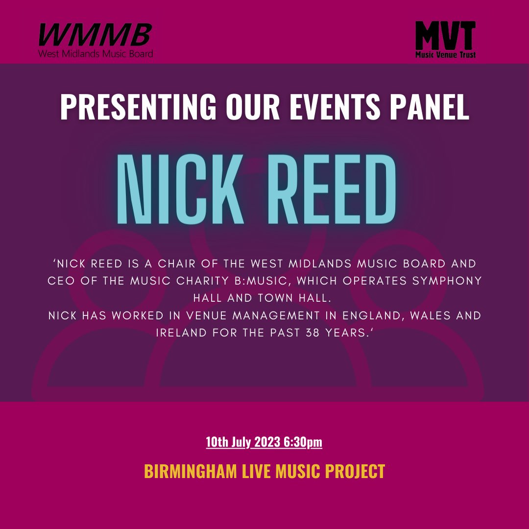 West Midlands Music Board (@wmmusicboard) on Twitter photo PRESENTING YOU OUR EVENT PANEL -
Nick Reed - The chair of the west midlands music board and the CEO of the music charity B:Music, operated in the <a href="/BMusic_Ltd/">B:Music, responsible for Symphony Hall & Town Hall</a>. Here is a little bit about <a href="/Nickreed62/">Nick Reed</a> and his experience within the industry.
eventbrite.co.uk/e/west-midland… PRESENTING YOU OUR EVENT PANEL -
Nick Reed - The chair of the west midlands music board and the CEO of the music charity B:Music, operated in the <a href="/BMusic_Ltd/">B:Music, responsible for Symphony Hall & Town Hall</a>. Here is a little bit about <a href="/Nickreed62/">Nick Reed</a> and his experience within the industry.
eventbrite.co.uk/e/west-midland…