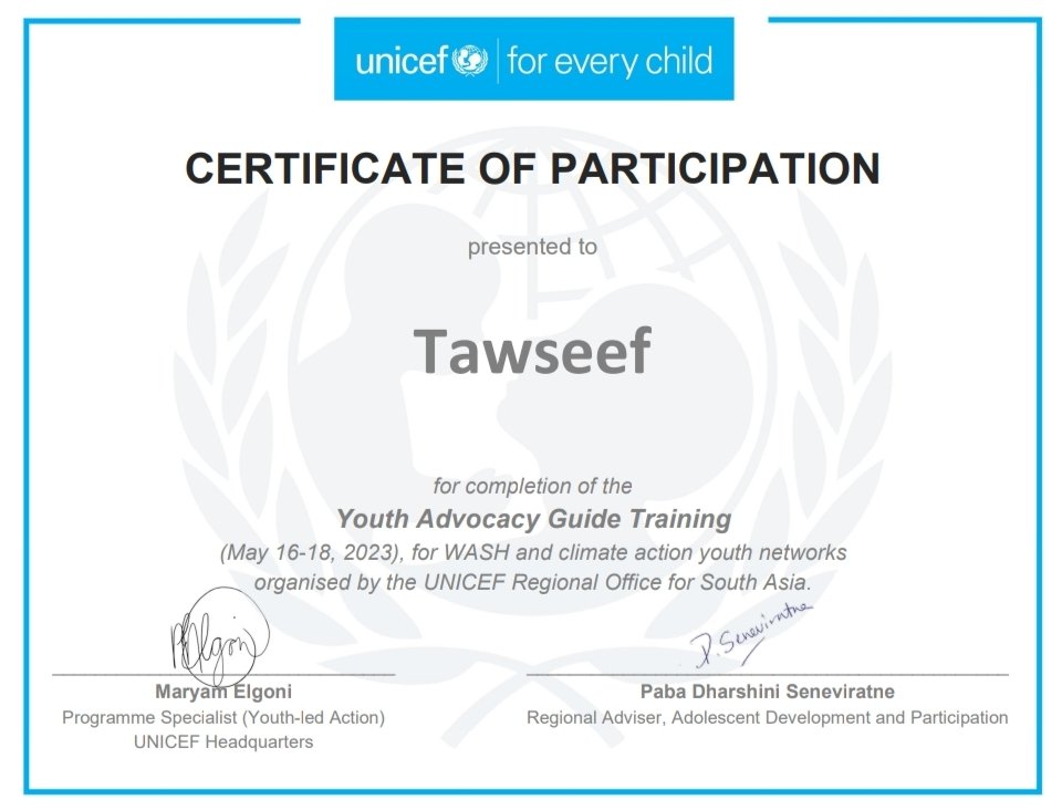 Tawseef01's tweet photo. I have completed the @UNICEF Youth Advocacy Guide Advocates Training, organized by the UNICEF Regional Office for South Asia. 🌟 This training focused on empowering young advocates in the areas of WASH (Water, Sanitation, and Hygiene) &amp; climate action youth networks. 🌱
#WeFixers https://t.co/YoH40U9OSo