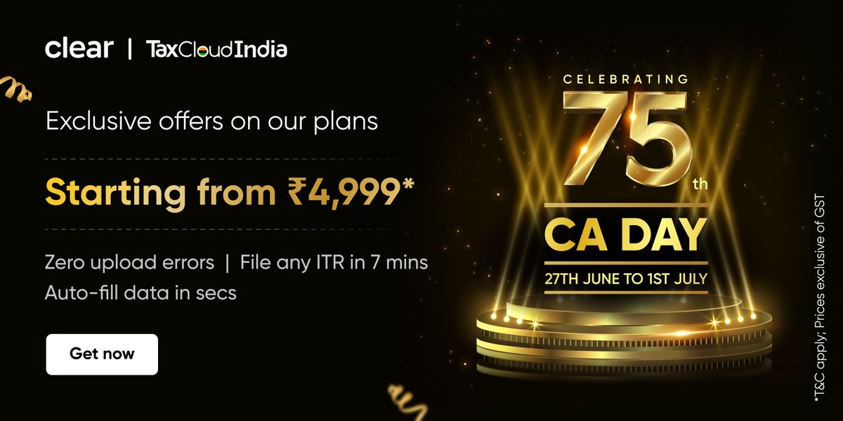 cleartax_'s tweet photo. 🥳 Dear tax expert, this ITR AY 23-24 filing season, FILE ANY NO. OF ITRs at jaw-dropping prices only on TaxCloudIndia✨!
Clear celebrates the 75th Chartered Accountants’ Day this week, so check out the exciting offer: https://t.co/1wFke9FPji
#TaxCloud #Offer #ITR https://t.co/bvwSzs8myB