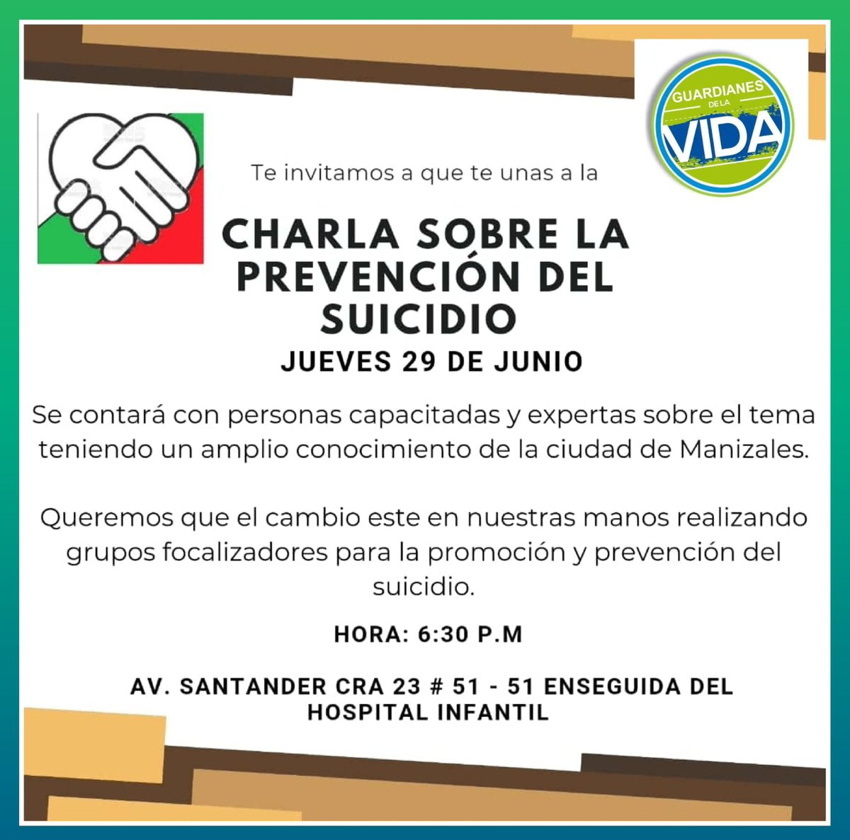 guardianesdevi1's tweet photo. Recuerda el jueves 6:30 pm participar de esta charla, una propuesta creada desde nuestros voluntarios de guardianes de la vida. Es gratuita! Aprende, conoce, aprende y ayuda. #lavidavalelapenavivirla #elsuicidionoeselcamino https://t.co/gCd7WxNp7V