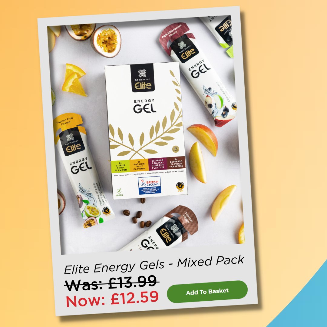 Need an energy boost on your next ride? 🚲 Grab a mixed pack of #Healthspan Elite #CyclingGels & get 10% OFF! Development supported by British Cycling, with 24g fast-acting carbs & electrolytes. In delicious, authentic flavours 🛒 healthspan.co.uk/elite-energy-g… Healthspan.co.uk