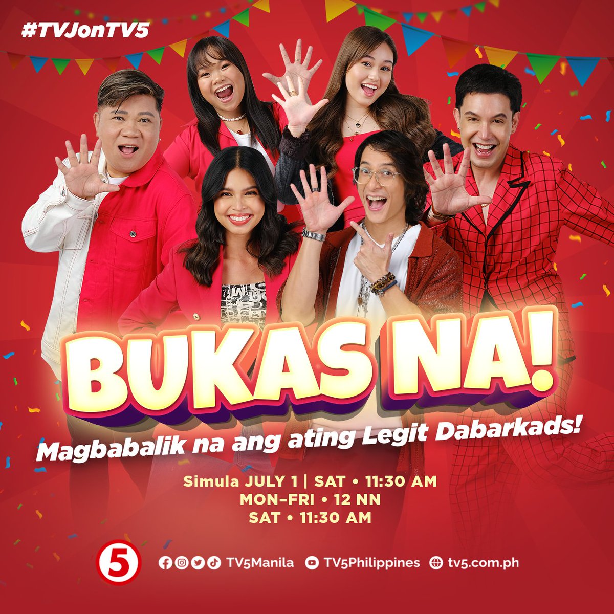 EXCITED na ang #LegitDabarkads na makipag-#LunchtimeSayaTV5 bonding sa ating lahat! 🤗 Kayo ba, READY NA? @pochoy_29 @mainedcm Parating na sila with the #TVJ sa TV5, simula ngayong July 1, 11:30AM! 🥰🌞🤠 #TVJonTV5 #IBAngSayaPagSamaSama