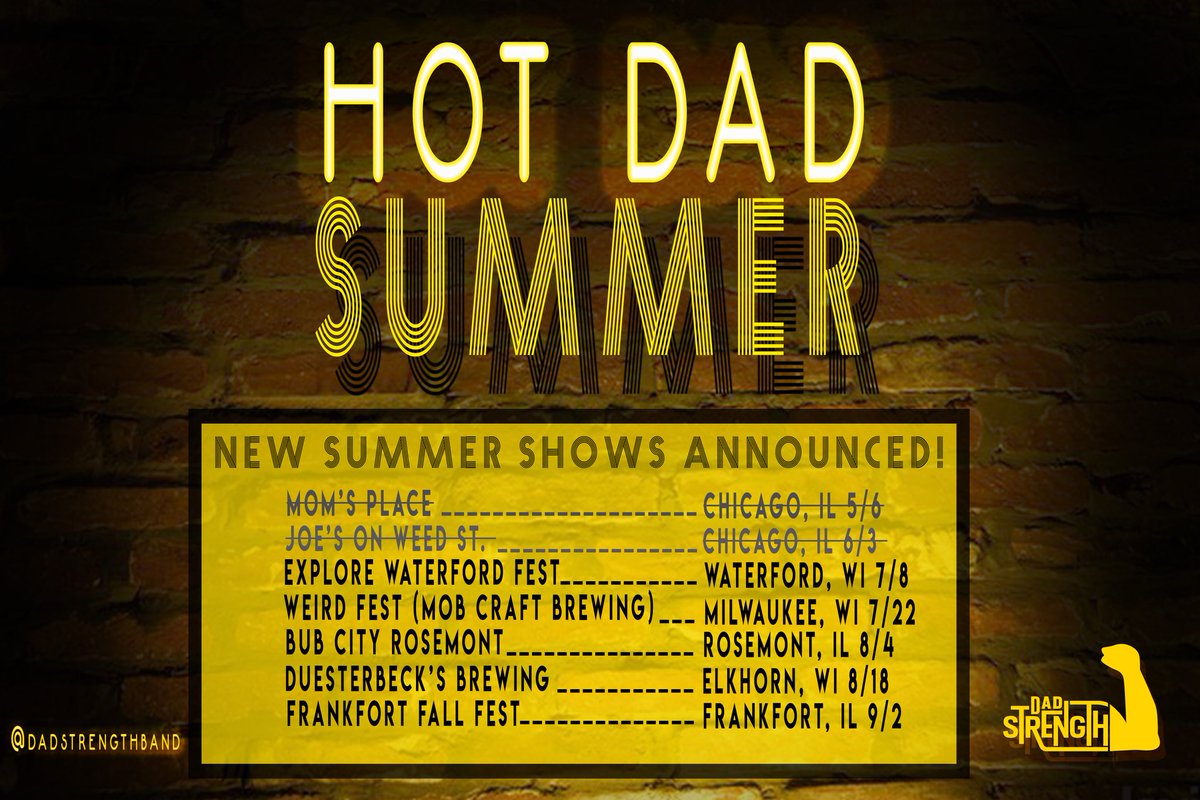 dadstrengthband's tweet photo. Hot Dad Summer rolls on with 🚨NEW SHOWS🚨
.
Come rock out at @mobcraftbeer @duesterbecks_brewing_co @bubcity @explorewaterfordwi @frankfortfallfestival 💪💪💪
.
.
#dadstrength #coverband #livemusic #mobcraft #weirdfest #bubcity #chicago #rosemont #milwaukee https://t.co/1RPdZOgNzl