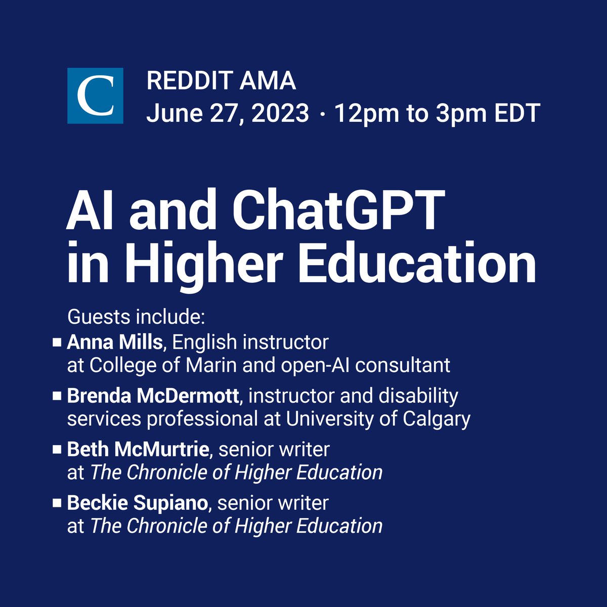 ChatGPT is everywhere, including your classroom. The experts @EnglishOER and Brenda McDermott team up with the Teaching newsletter writers @bethmcmurtrie and @becksup to answer your questions about AI in #highered. Ask them anything: chroni.cl/46mgI2V