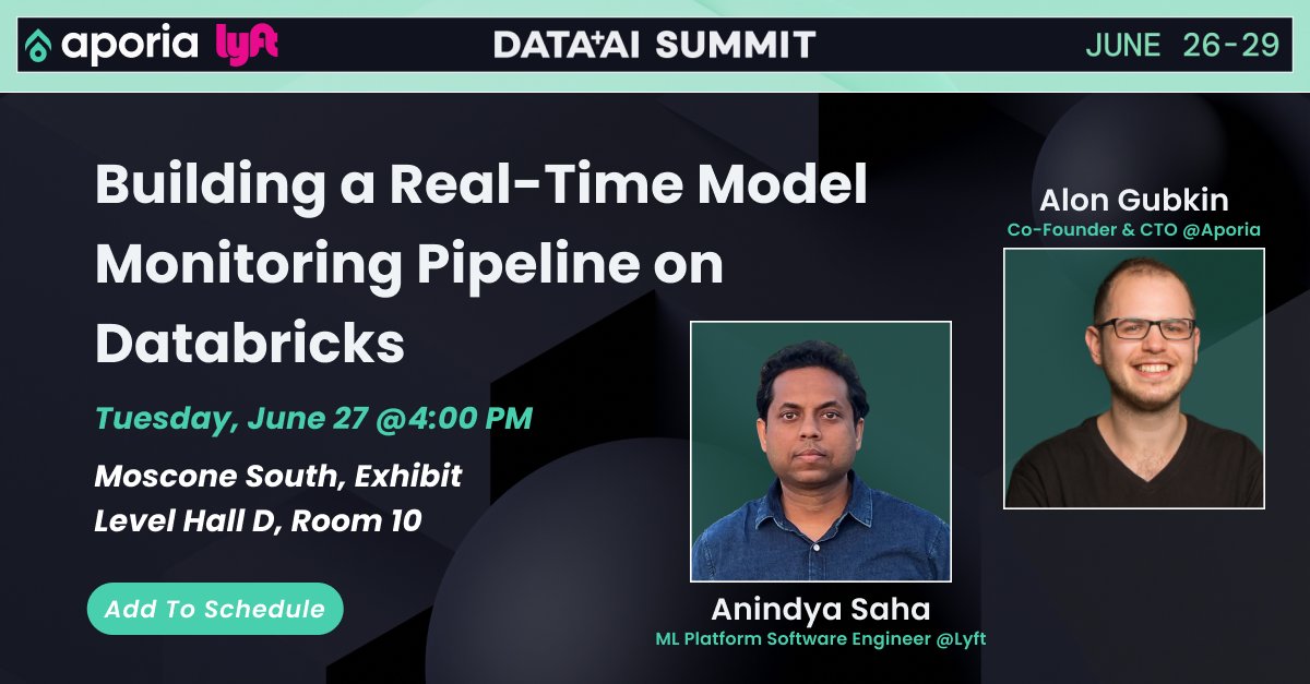 Headed to @databricks #DataAISummit ? Stop by the 𝗕𝗼𝗼𝘁𝗵 #𝟲 to say hi👋

Catch @alongubkin & Anindya Saha #MLPlatform Engineer @lyft spill the beans on 'Building a Real-Time Model Monitoring Pipeline on Databricks'💥

⏰Today at 4 pm
📍Exhibit Level Hall D, Room 10