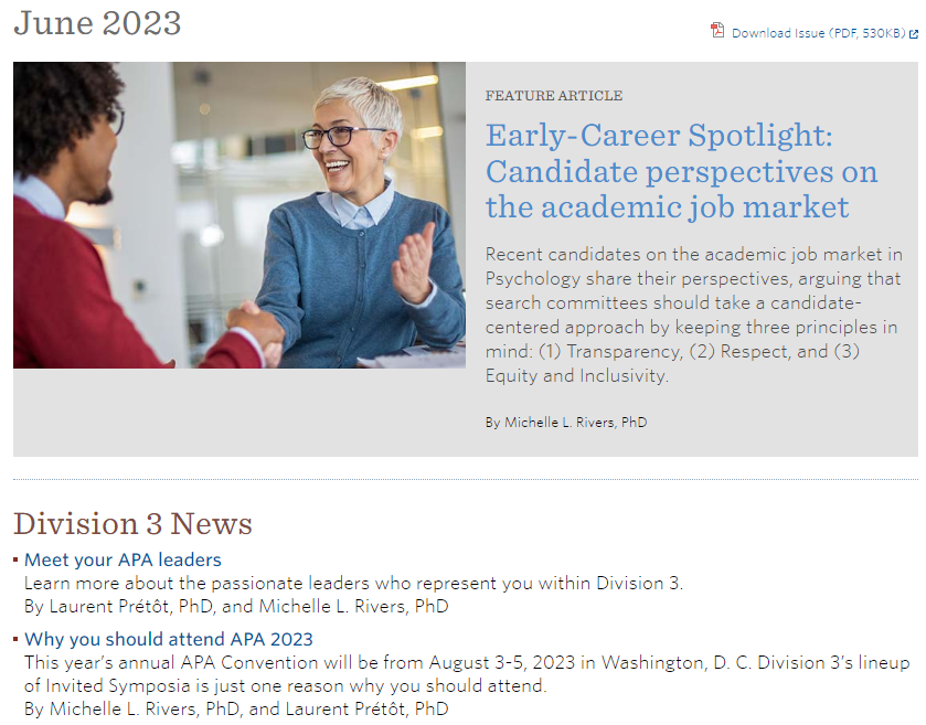 Division 3 of APA (@apadivision3) on Twitter photo The June 2023 issue of our Experimental Psychology Bulletin (<a href="/APADivision3/">Division 3 of APA</a>'s newsletter) is here!🥳
In this issue:
-Candidate perspectives on the academic job market
-Meet your Div 3 leaders
-Why you should attend APA's annual convention
Read it here! tinyurl.com/Div3june2023 The June 2023 issue of our Experimental Psychology Bulletin (<a href="/APADivision3/">Division 3 of APA</a>'s newsletter) is here!🥳
In this issue:
-Candidate perspectives on the academic job market
-Meet your Div 3 leaders
-Why you should attend APA's annual convention
Read it here! tinyurl.com/Div3june2023