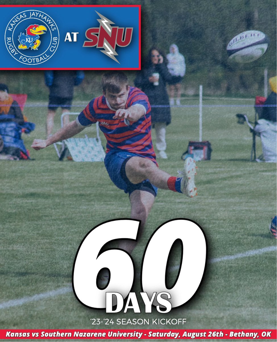 KansasRugby's tweet photo. 60 days ‘til we kickoff our 60th year! We are excited to announce we begin our ‘23-‘24 campaign with a road trip to Oklahoma to take on Southern Nazarene University. We look forward to this challenge &amp; starting the season off with a fun road trip so our guys can bond early on! https://t.co/Avtzkgfwzb