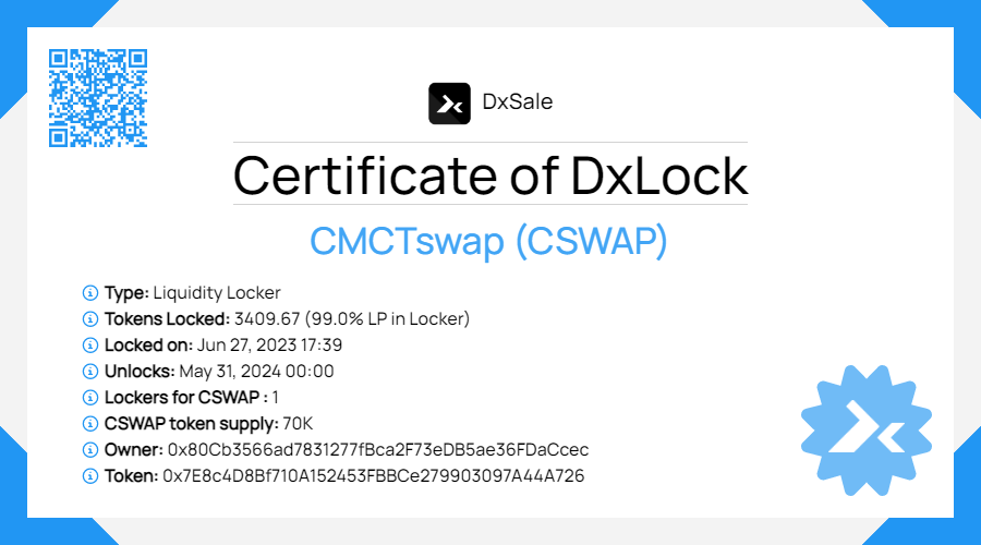 CMCTswap's tweet photo. 🚀1 Year LP Locked for CSWAP/WCORE pair👇🏻

✅Check Here👇🏻
"https://t.co/zoAPKU1eHT"

✅BUY Now👇🏻
"https://t.co/cIcQ8rNpVs"

✅TG Group👇🏻
"https://t.co/jMxhRDe2if"

#CMCTswap #CSWAP #CoinMarketCart #CMCT #BabyCMCT #BCMCT #CORE #CoreDAO #CoreDao_org #bitcoin #BTC #Binance #BNB https://t.co/ni9b5Q4pPC