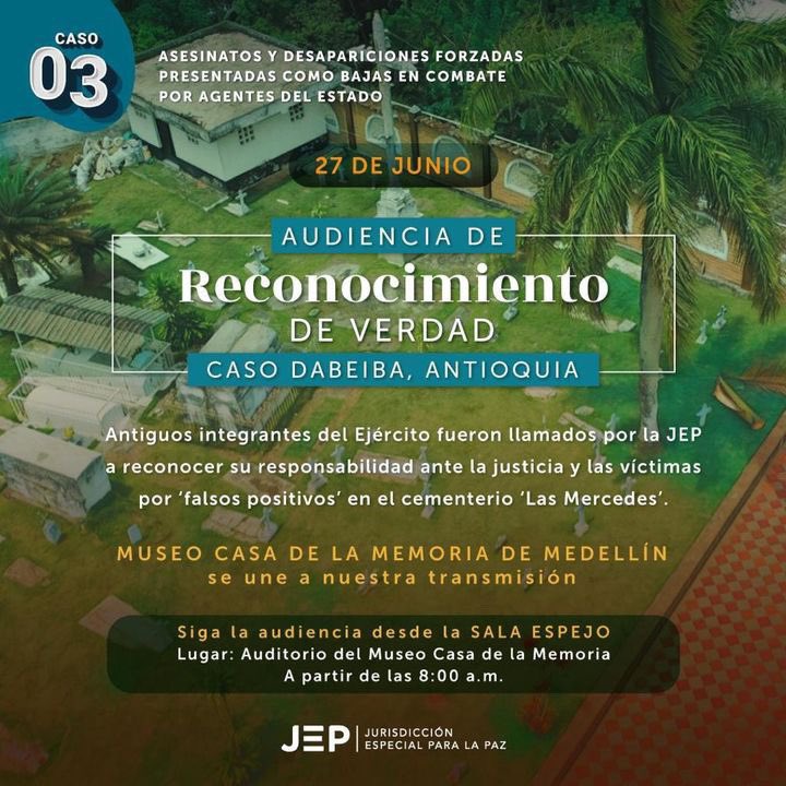 CaroSalda25's tweet photo. Hoy, en Dabeiba, se llevará a cabo la Audiencia de Reconocimiento de Verdad donde 8 comparecientes reconocerán su responsabilidad sobre 49 asesinatos y desapariciones forzadas presentadas como bajas operacionales. https://t.co/FPH3wFCsWx
