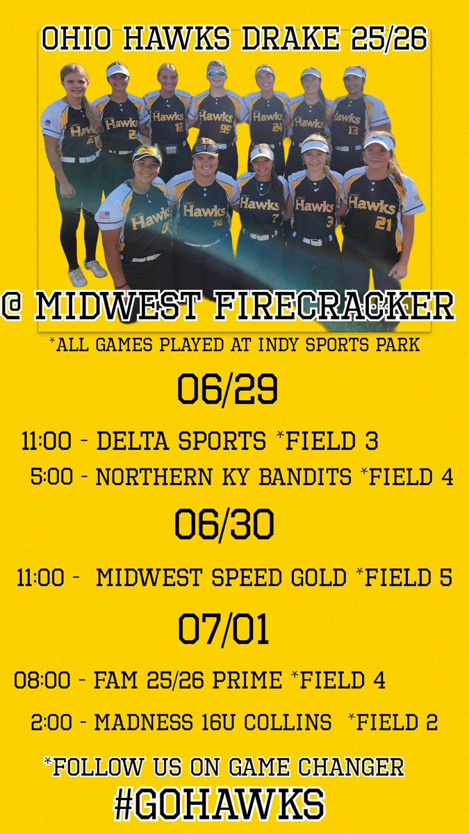Another Beautiful weekend to be on the fields, coming up!!! The Hawk's girls will be in Indianapolis at Indy Sports park for the Gold Midwest Firecracker Showcase! Watch us on GameChanger!! 
#HawksStrong