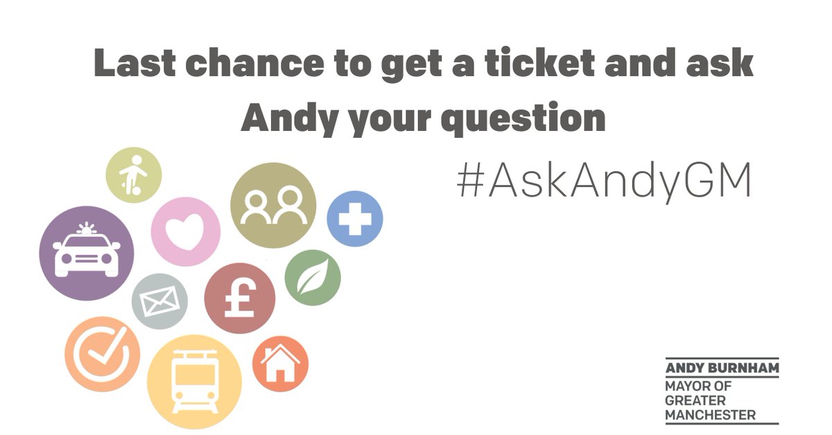 🎟️ Last chance!! 🎟️

Get your tickets for the #AskAndyGM Question Time event now and join us!

📅 Thursday 29 June
⌚ Doors open at 7 for a 7.30pm start 
📍 Dukinfield Town Hall, King Street, Dukinfield, Tameside, SK16 4LA

Book Tickets here: 
greatermanchester-ca.gov.uk/the-mayor/mayo…