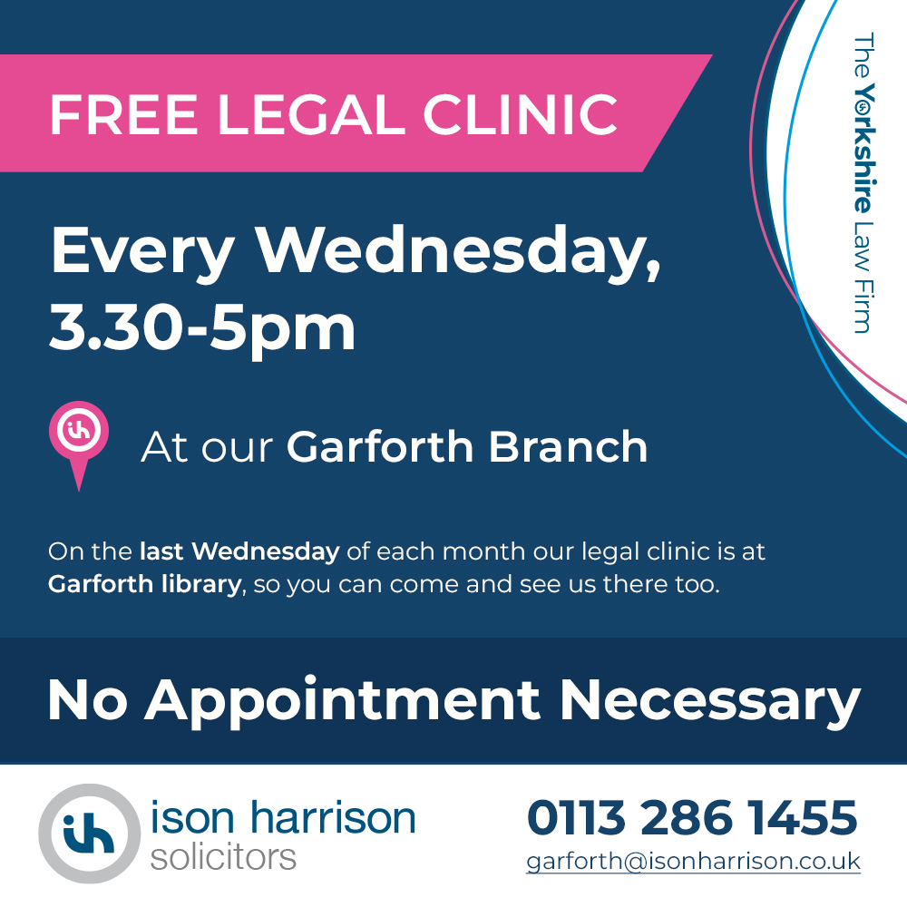 Tomorrow is our FREE legal clinic in Garforth 📌

We're here to help answer any legal questions you have - no appointment is necessary!

We'll be at Garforth Library tomorrow 3.30pm - 5pm so pop in and see us for help and advice 🤝

#freelegaladvice #legalclinic #solicitors