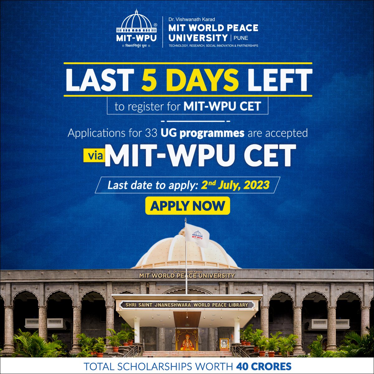 vidyavision_com's tweet photo. Last 5 Days Left to Register for MIT-WPU CET. Application for 33 UG Programmes are accepted via MIT_WPU CET. Last date to apply: 2nd July 2023.
Apply Now: https://t.co/XZMki5dph6
#mitwpu #mitpune #wordpeaceuniversity #bba #bbaprogramme #bbaadmission #admissionopen https://t.co/kBovswZV1R