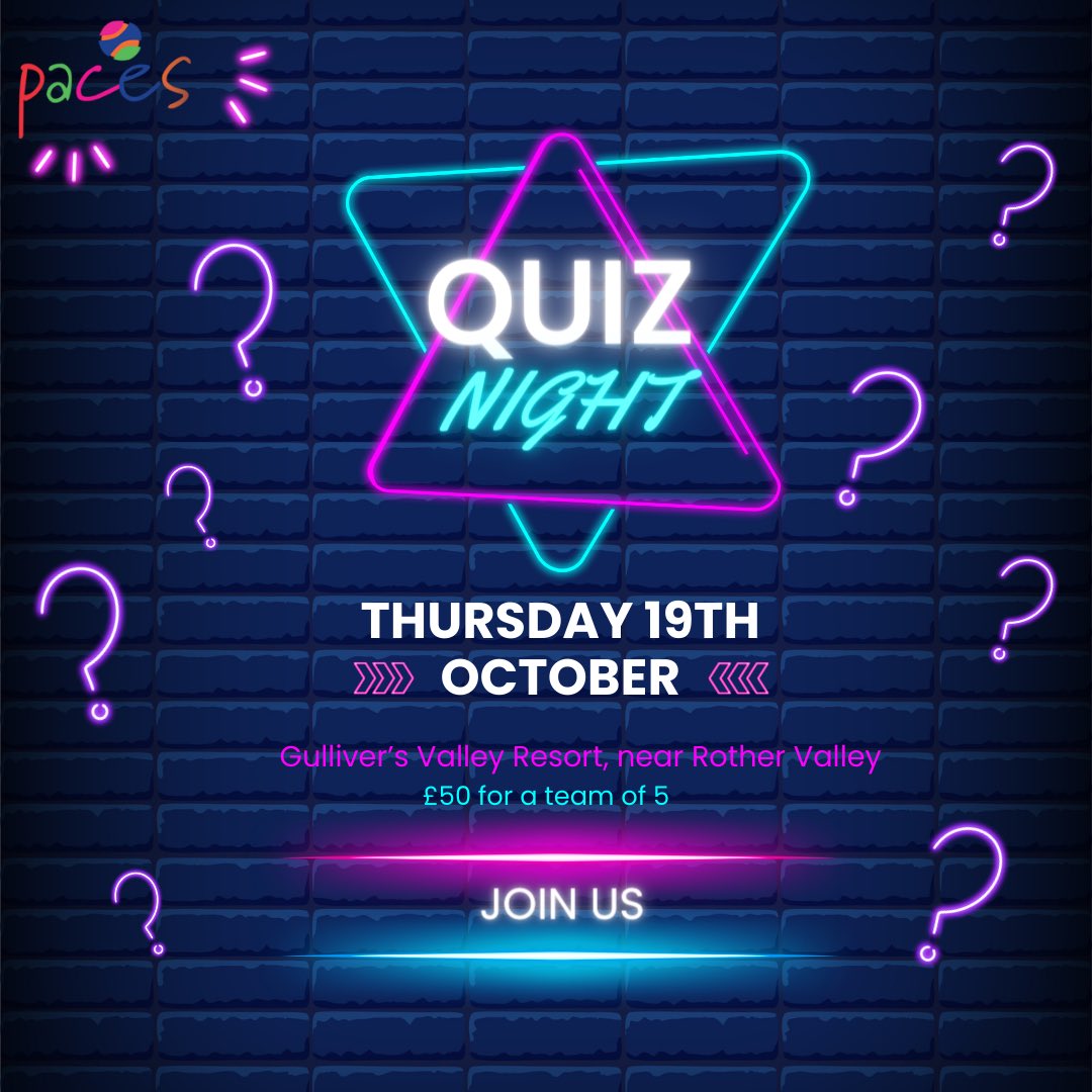 Who’s up for a quiz ?🤔💭

We’re hosting a Quiz Night on Thursday 19th October at Gulliver's Valley Resort and we’d love for you to join us 🙌🏼

For just £50 per team of 5, this is shaping up to be such a fun night⭐️ 

Interested? Email: events@pacessheffield.org.uk 

#TeamPaces
