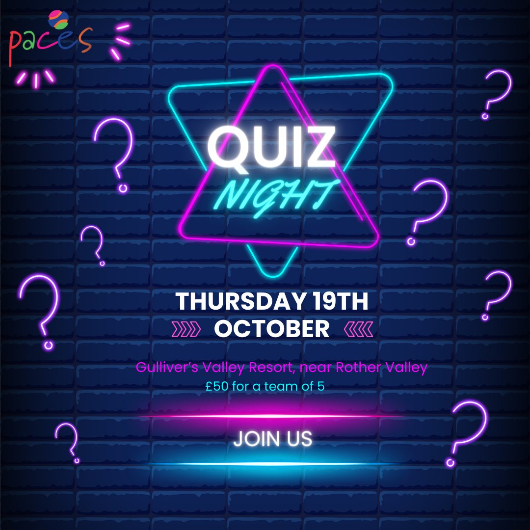 Who’s up for a quiz ?🤔💭 We’re hosting a Quiz Night on Thursday 19th October at Gulliver's Valley Resort and we’d love for you to join us 🙌🏼 For just £50 per team of 5, this is shaping up to be such a fun night⭐️ Interested? Email: events@pacessheffield.org.uk #TeamPaces