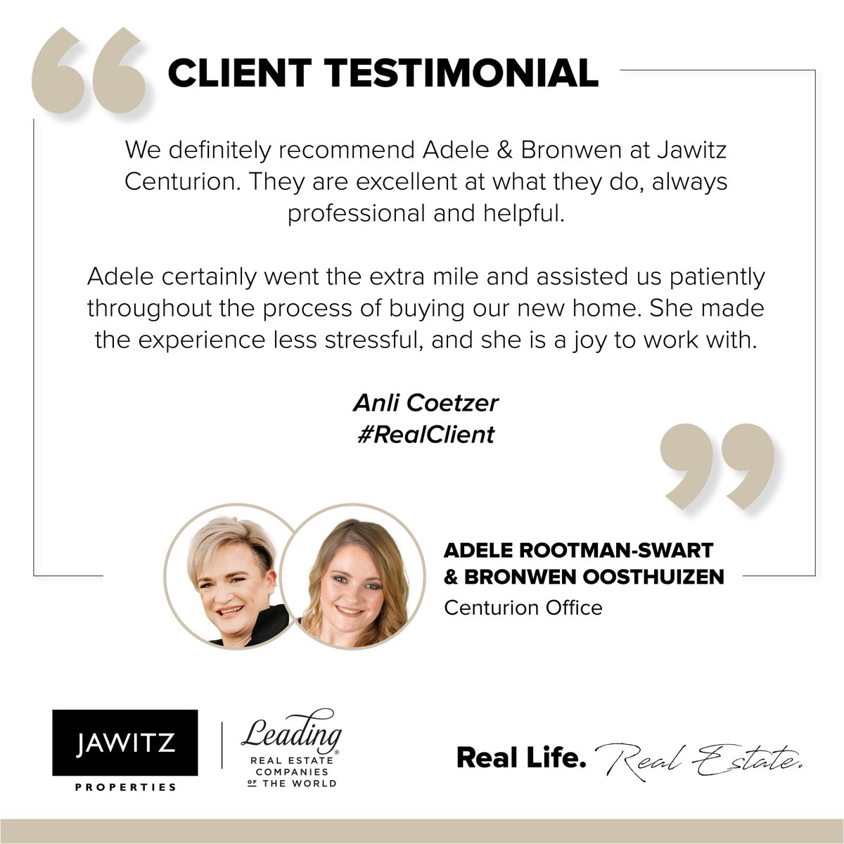 JawitzProp's tweet photo. โญโญโญโญโญ
TESTIMONIAL TUESDAY
Hear what our clients have to say about us at Jawitz Properties Centurion.
Our goal is to help you reach yours ๐ by offering a property experience that will move you! ๐ก
Registered with the PPRA.
#Jawitz #RealLifeRealEstate #ourclientssayitbest https://t.co/IiMBlYoCJI