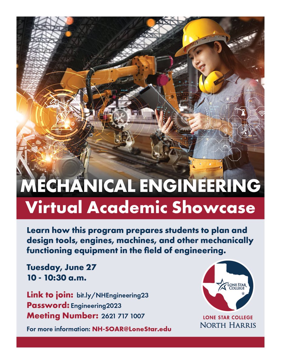 🗣️Students interested in Mechanical Engineering. Join <a href="/LSCNorthHarris/">LSC-North Harris</a> Virtual Showcase today #Engineering #lonestarcollege