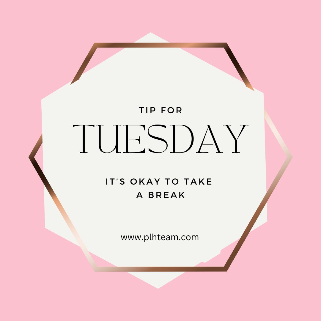PLHTeam's tweet image. Tuesday Tip ✨

It’s okay to take a break. Taking regular breaks will increase your productivity and energy and decrease your stress. 

Your mind and body need these moments to disconnect from technology and detach from the work to recharge and refocus.