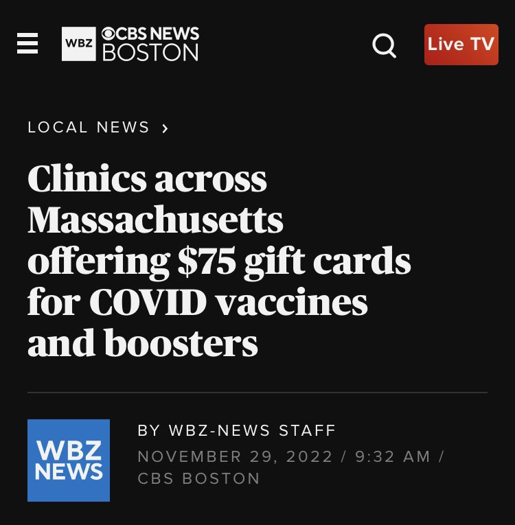 @thevivafrei In my state of Massachusetts, they were bribing people to get the vaccine by offering a $75 gift card.

This was as recently as Feb 2023! 

How is this legal??