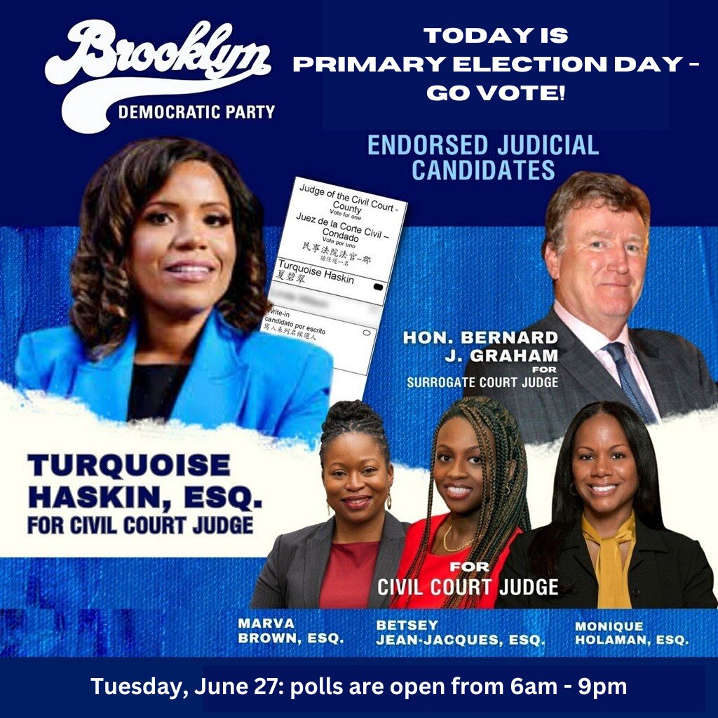 Today’s #VOTING Day! Make sure you #GetOutTheVote🗳️

⏰polls are open ‘till 9pm
📍find your poll site➡️ findmypollsite.vote.nyc

☑️for <a href="/bkdems/">Kings County Democratic County Committee</a>’ endorsed Civil Court judicial candidate @TurquoiseHaskin 

📖our voting guide: conta.cc/46lPWrv