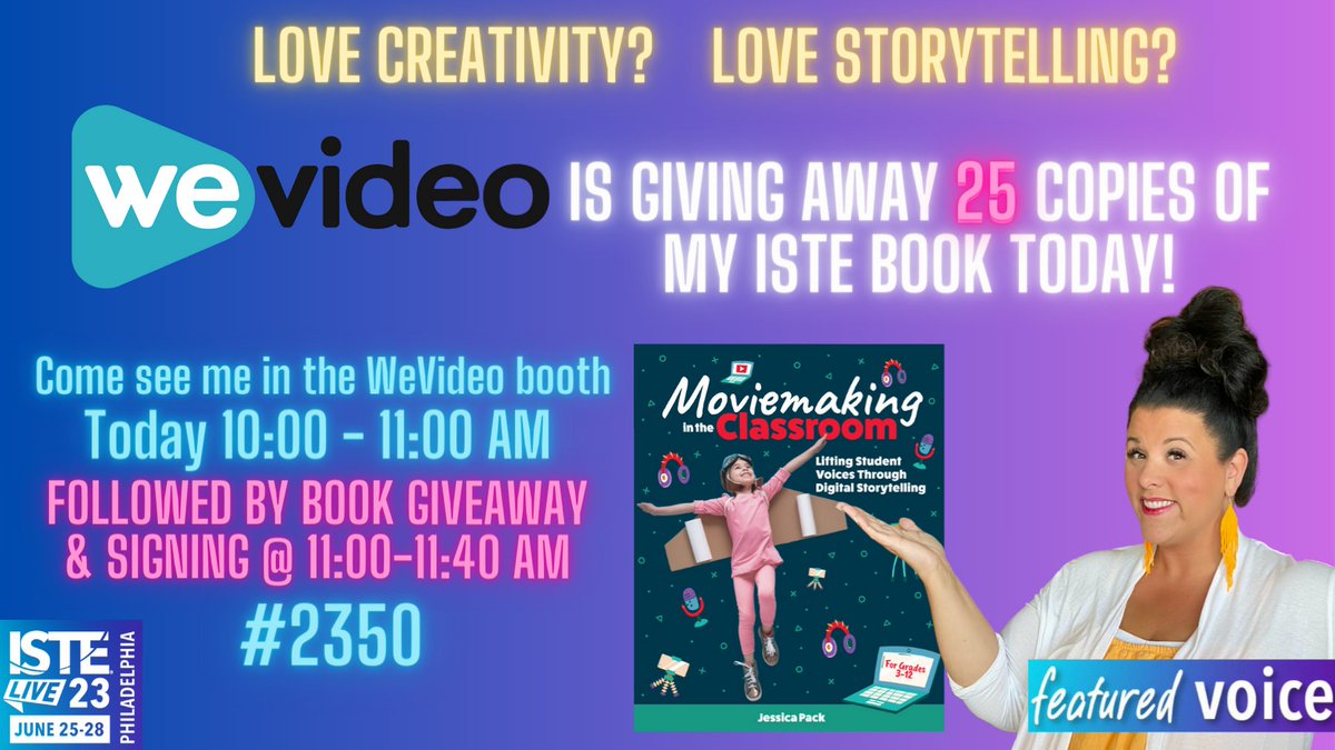 Excited to announce that @wevideo will be giving away 25 copies of my @isteofficial book today in their #ISTELive booth! Stop by to hear the brain science of storytelling at 10:00AM and stay for my book signing. See you there! #StudentVoice #Creativity #DigitalStorytelling