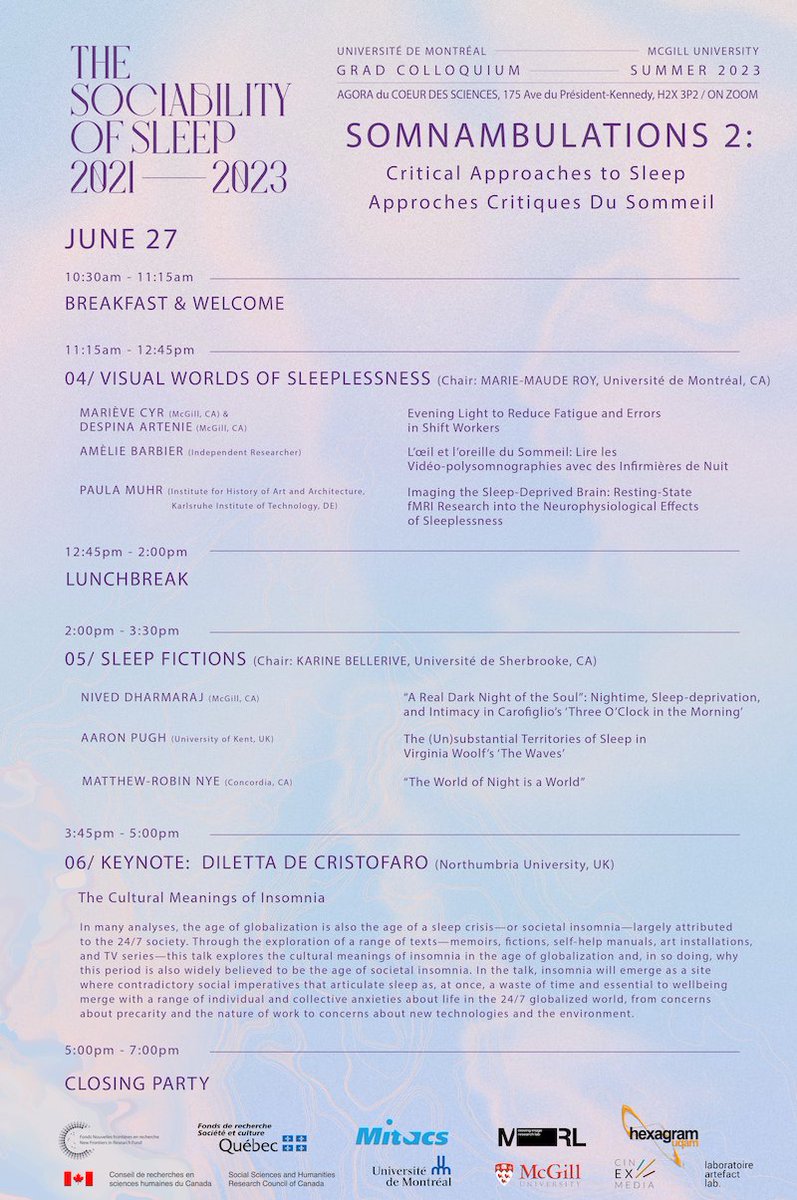 Day 2 of Somnambulations 2 today with another day of sleep talks✨, a keynote by <a href="/tedilta/">Diletta De Cristofaro</a> 🙌 and a little closing reception to cap things off. Join us in the room right next to #InSomnolence!
Bios >> sociabilityofsleep.ca/events/graduat… 
#sleep #nfrf <a href="/SSHRC_CRSH/">SSHRC</a>
