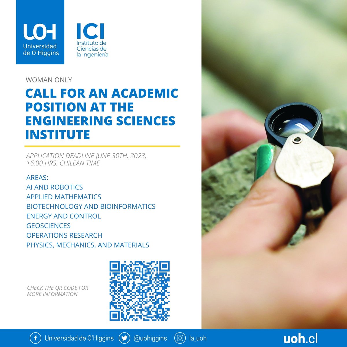 Instituto de Ciencias de la Ingeniería ICI-UOH (@ici_uoh) on Twitter photo The Engineering Sciences Institute of <a href="/uohiggins/">Universidad de O'Higgins</a> seeks a female faculty member with leadership and innovation abilities, pluralistic, and a high ethical and civic sense ♀️👩
The specific requirements can be found on the website ➡️lnkd.in/eZMzcx93.
🗓️Deadline June 30th The Engineering Sciences Institute of <a href="/uohiggins/">Universidad de O'Higgins</a> seeks a female faculty member with leadership and innovation abilities, pluralistic, and a high ethical and civic sense ♀️👩
The specific requirements can be found on the website ➡️lnkd.in/eZMzcx93.
🗓️Deadline June 30th