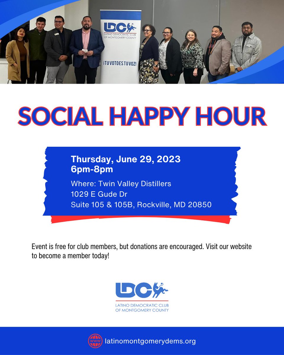 MoCo Latino Dems (@mocolatinodems) on Twitter photo You're invited to a social happy hour hosted by the Latino Democratic Club of Montgomery County! 
Date: Thur, Jun 29, 2023
Time: 6p-8p
Location: Twin Valley Distillers (1029 E Gude Dr Suite 105 & 105B, Rockville, MD 20850)
To become a member, visit bit.ly/latinomontgome… You're invited to a social happy hour hosted by the Latino Democratic Club of Montgomery County! 
Date: Thur, Jun 29, 2023
Time: 6p-8p
Location: Twin Valley Distillers (1029 E Gude Dr Suite 105 & 105B, Rockville, MD 20850)
To become a member, visit bit.ly/latinomontgome…