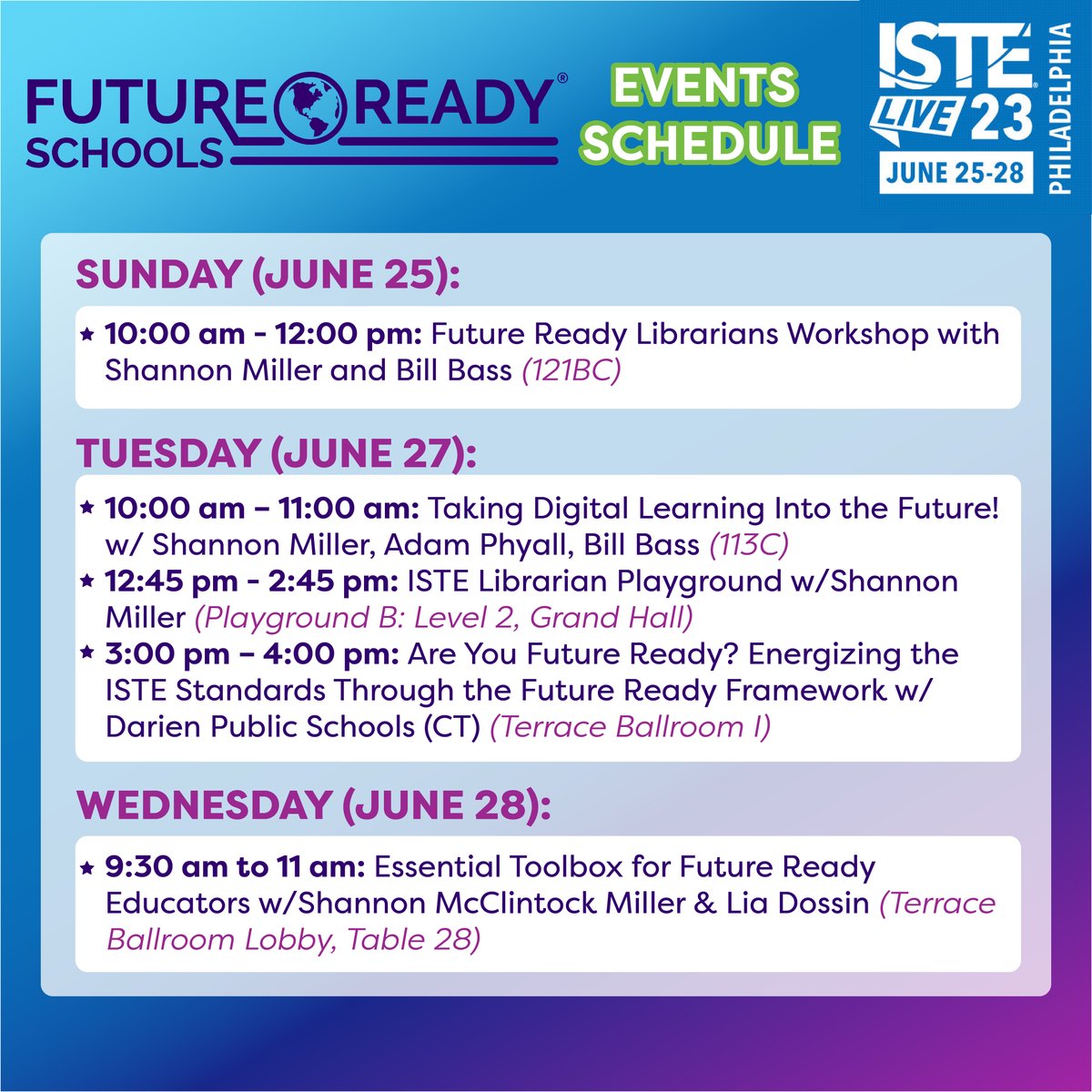 Today we have quite the schedule at #ISTELIVE! 🤩

You didn't hear it from me but... I've been told #FutureReady team has something BIG they're announcing this week at @ISTEofficial!  🤫 

Check out our events schedule to see where you can find us. 👋