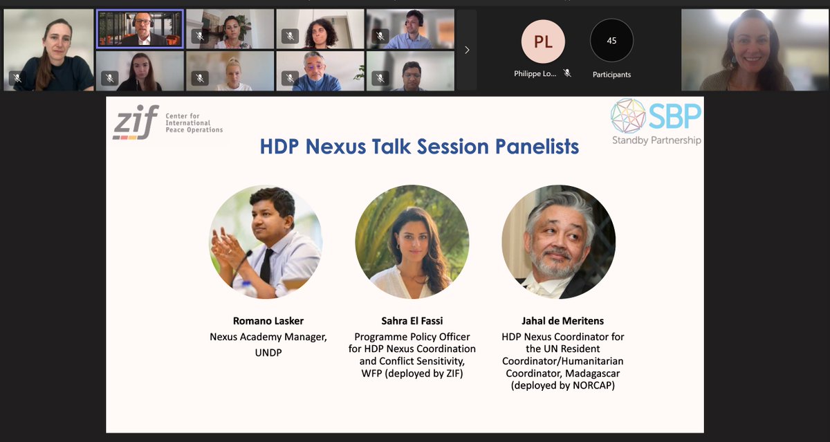Happening now ➡️ #HDPNexus Talk Session hosted by #StandbyPartner and <a href="/ZIF_Berlin/">Zentrum für Internationale Friedenseinsätze (ZIF)</a>; Thanks to speakers Romano Lasker from <a href="/NexusAcademyHDP/">Nexus Academy</a>, and HDP Nexus Experts, Sahra El Fassi and Jahal de Meritens. 45 participants on the call, and looking forward to the discussions kicking off.