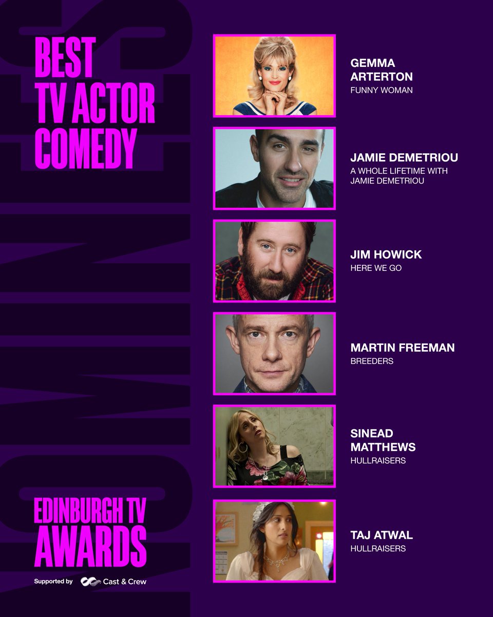 A round of applause for the amazing nominees in the Best TV Actor - Comedy category at the Edinburgh TV Awards! Congratulations to Gemma Arterton, Jamie Demetriou, Jim Howick, Martin Freeman, Sinead Matthews, and Taj Atwal. 🎭