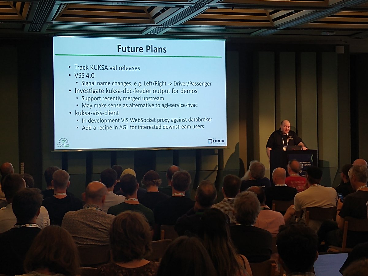 autogradelinux's tweet image. The Vehicle Signal Specification (VSS) has been included in the AGL code. Scott Murray from @konsulko provides an update at #AutomotiveLinuxSummitEU on the work being done for the upcoming AGL UCB release. #embeddedossummit #opensource #autogradelinux
