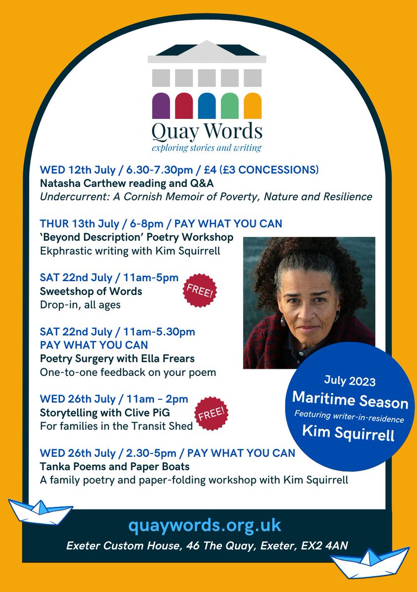 LitWorks's tweet photo. We have a packed July coming up at #QuayWords, with author talks and workshops, expert one-on-one surgeries for developing poets, and free family activities!

Find out more here 👉 https://t.co/JxE4G7RUuf

#ExeterCustomHouse @ExeterCustom @artsandculturex @exetercityoflit https://t.co/77RQEOI4pl