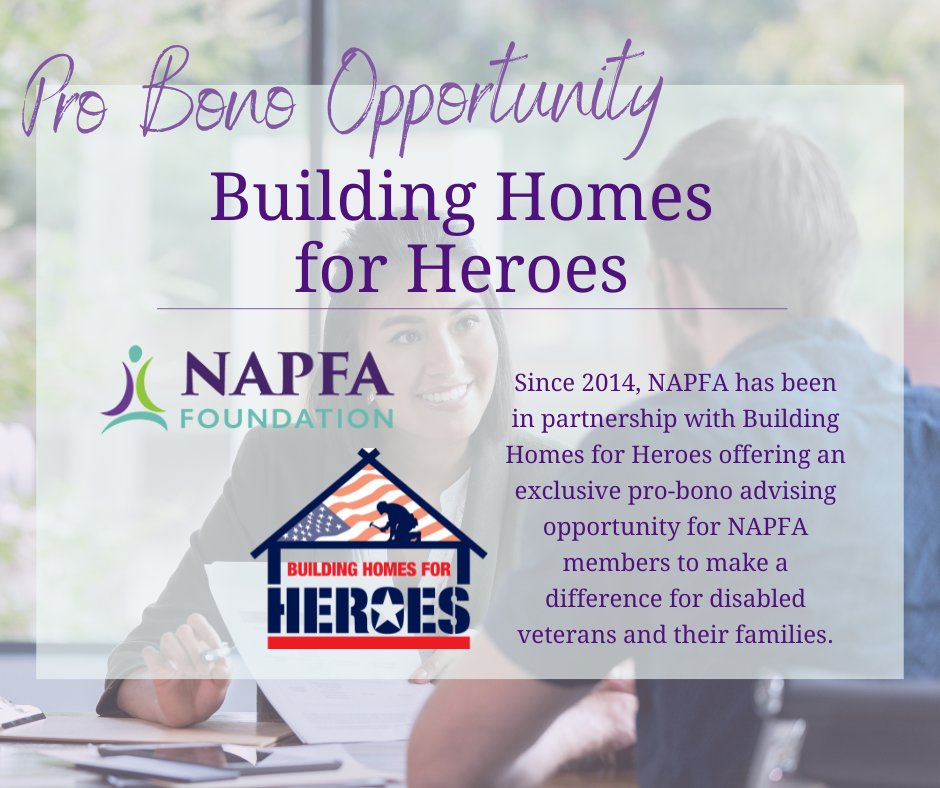 NAPFA's tweet photo. Through this partnership, NAPFA members provide one-on-one pro-bono financial planning to disabled veterans who recently were gifted a home from Building Homes for Heroes. The NAPFA Foundation is seeking advisors to volunteer for this program: https://t.co/wq5YsVZoxD https://t.co/uzwItn9KUM