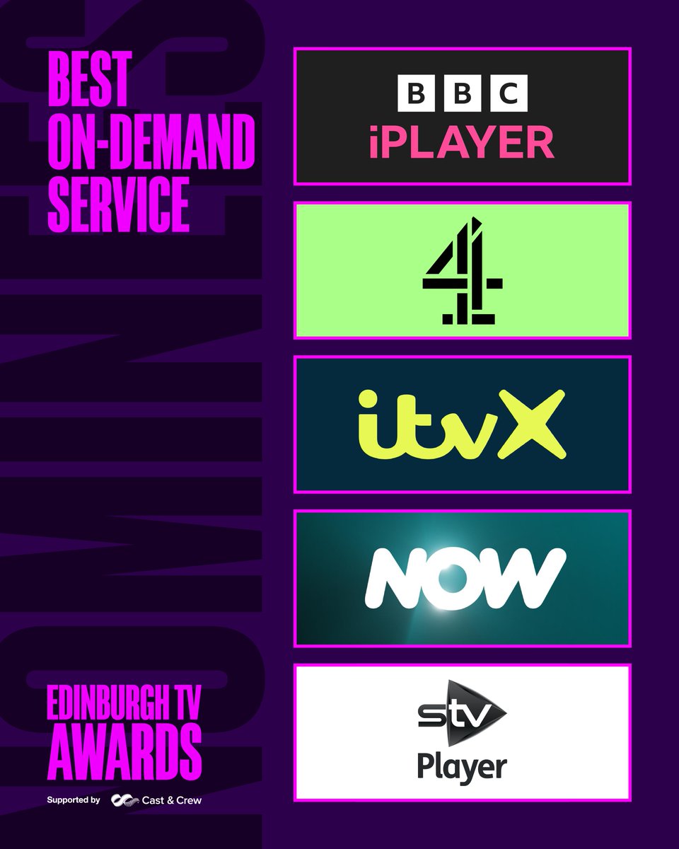 The Best On Demand Service nominees are:
🍿 BBC iPlayer
🍿 Channel 4 Streaming
🍿 ITVX
🍿 NOW
🍿 STV Player