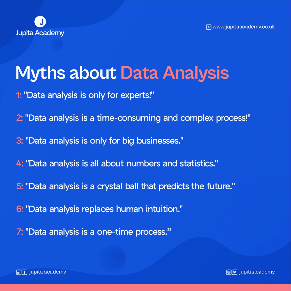 Happy Tuesday Folks😎

Let's dive into the world of data analysis and bust some common myths that may be holding you back from unleashing the full potential of this incredible field.✨

#jupitaacademy #data #datascience 
#DataAnalytics #TechisHiring #myths