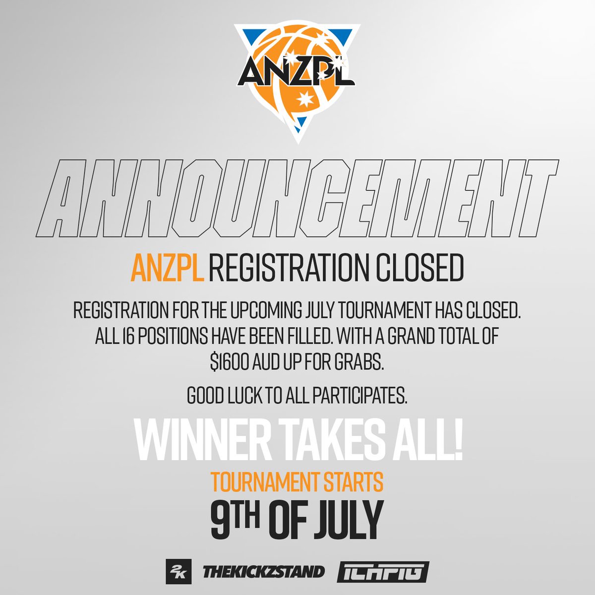 ANZPL2K's tweet image. .@ANZPL2K July Tournament 🏆
REGISTRATIONS ARE NOW CLOSED! 🚫

16 teams locked in 🔒 

It all starts Sunday 9th July.

Thank you for all the support. 

More details on the tournament released soon.

#ANZPL2K
#2KANZ 
#TheKickzStand 
#ICHPIG